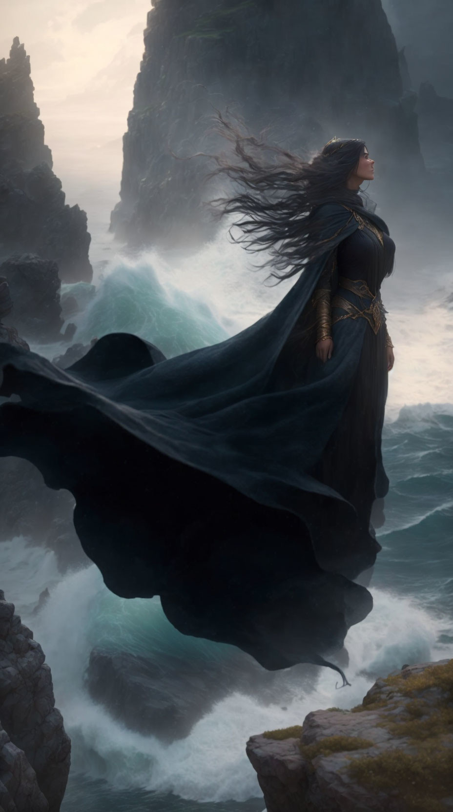 Sorceress suspended in the air above the sea