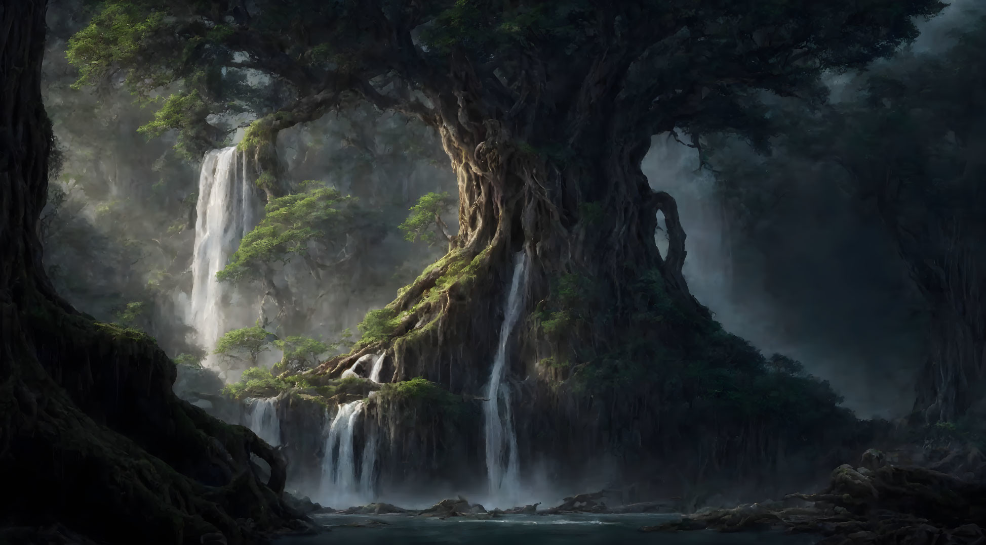 Ancient tree with waterfalls