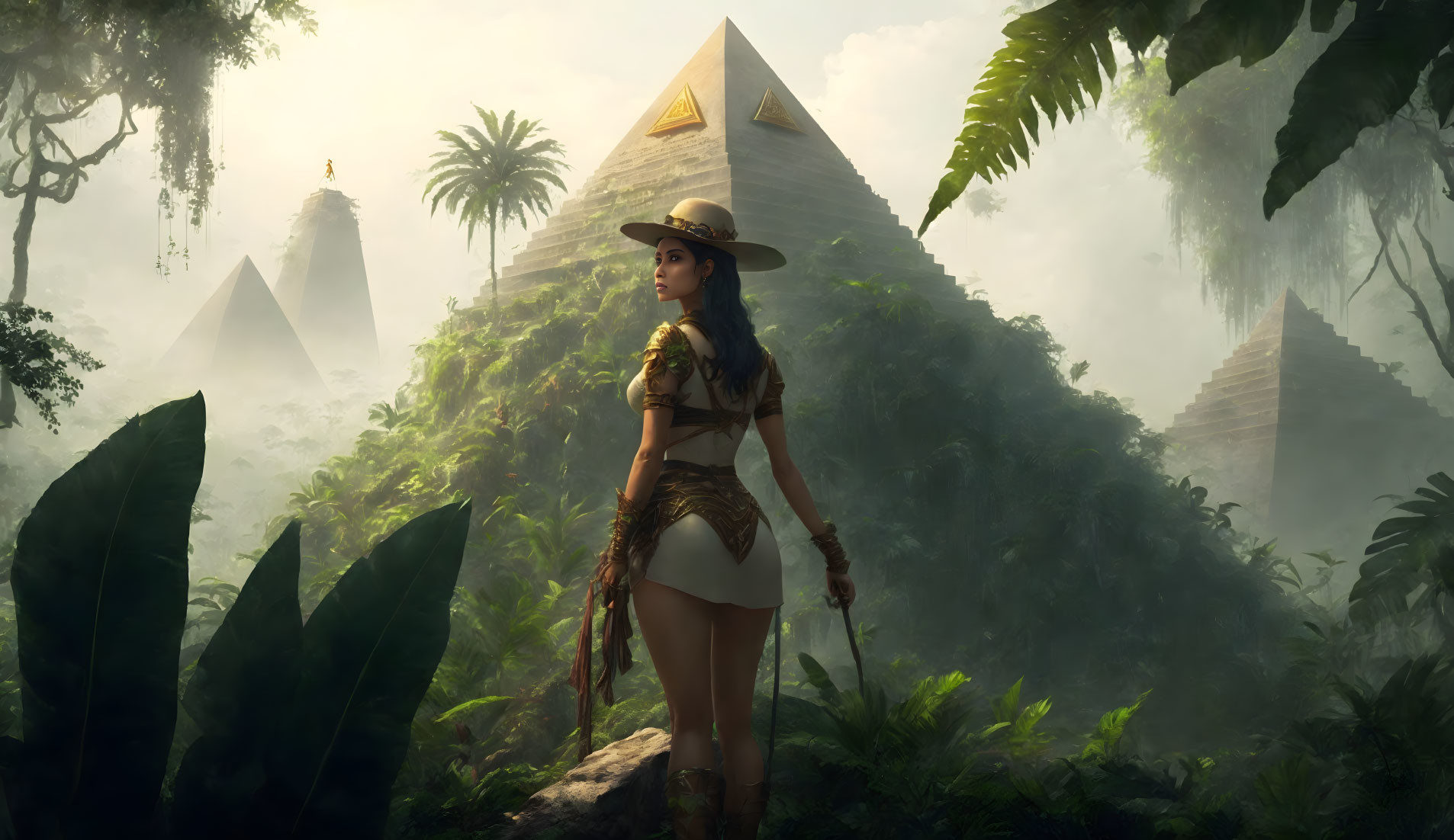 Female explorer discovering pyramids in the jungle