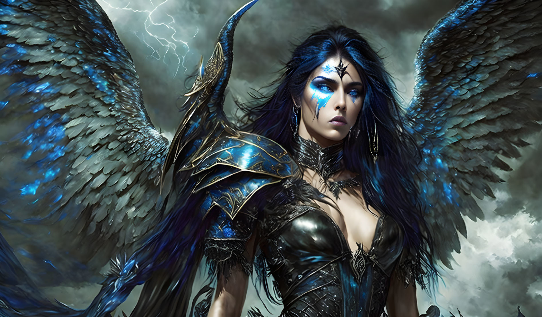 Fantasy illustration of woman with blue skin, armor, wings, stormy backdrop