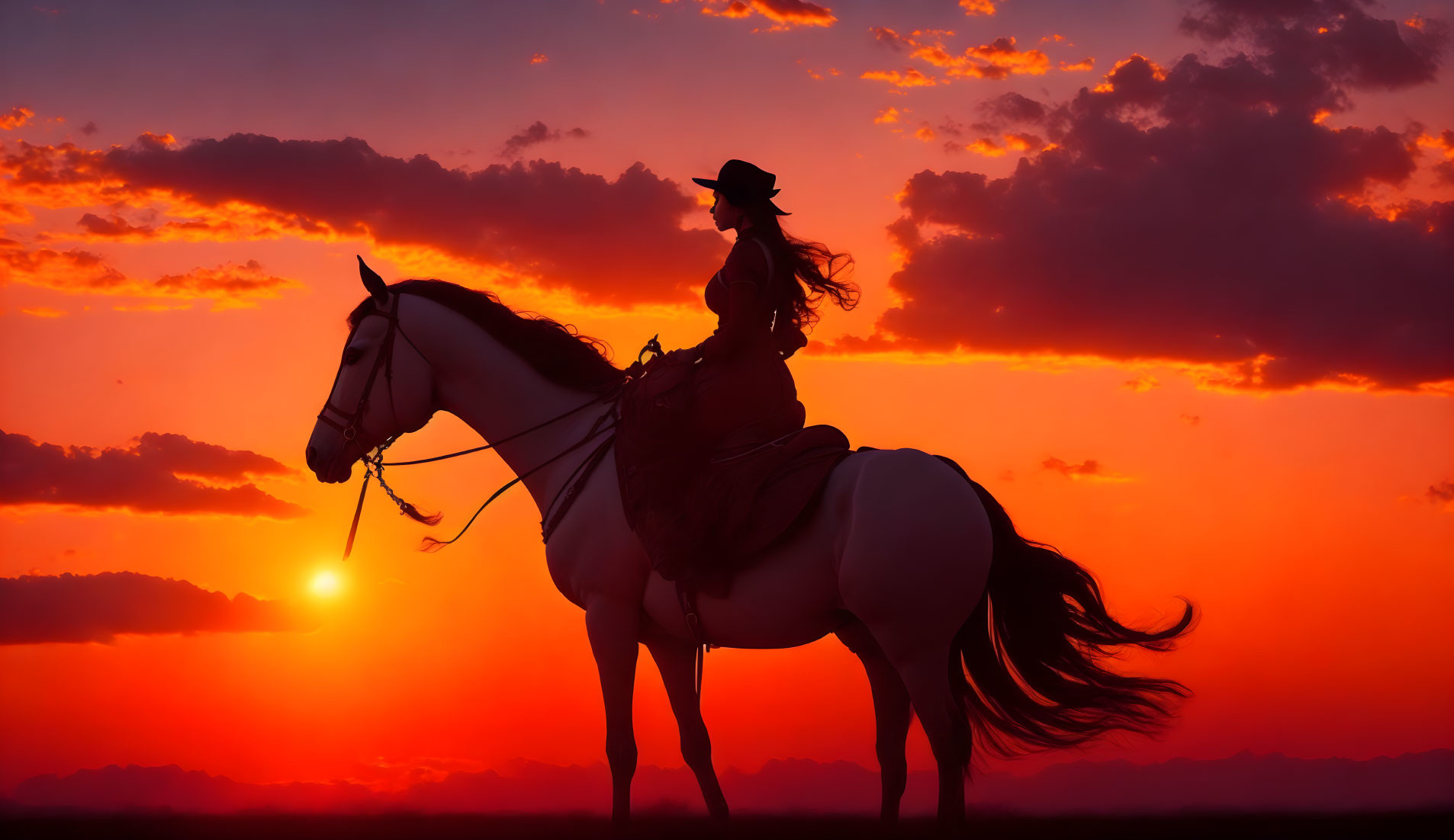 Riding a horse at sunset