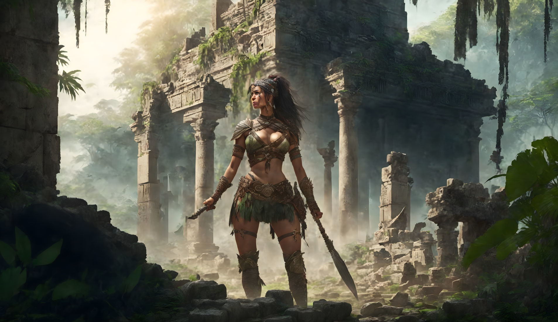Warrior woman exploring ruins
