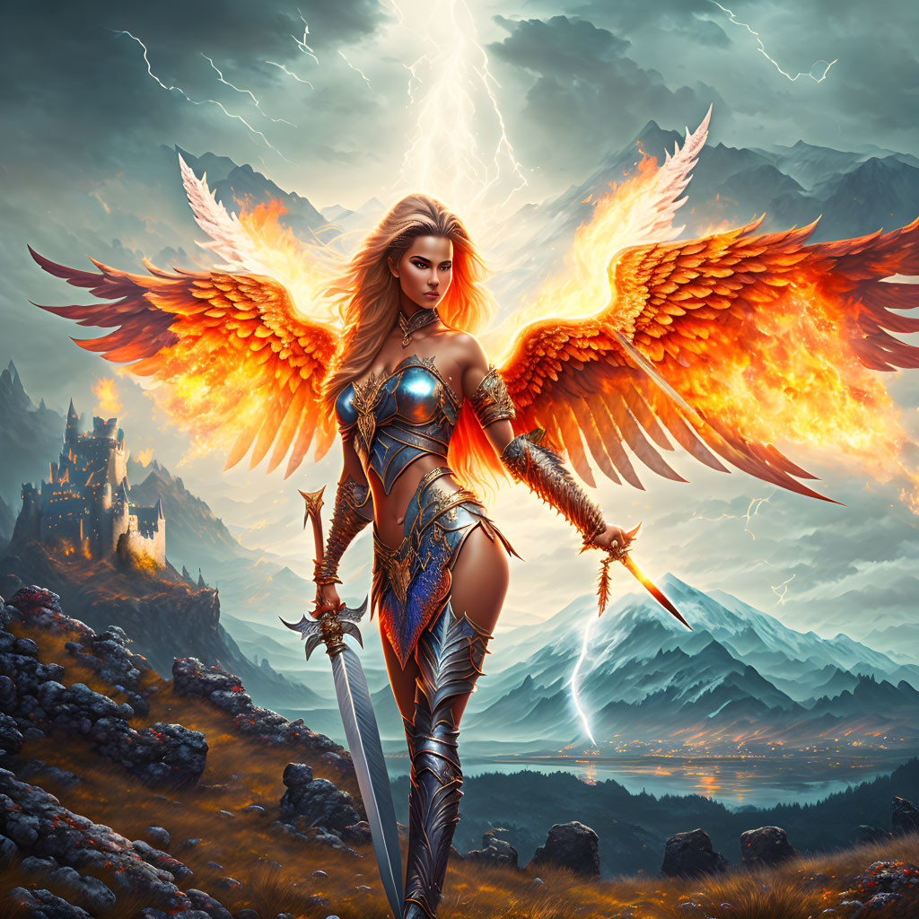 Fantasy warrior with fiery wings and sword in dramatic castle landscape