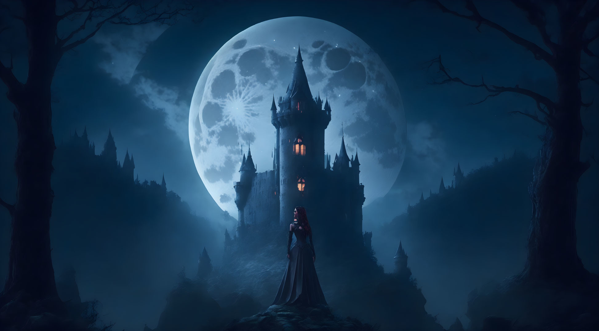 Mysterious woman with castle and moon behind her