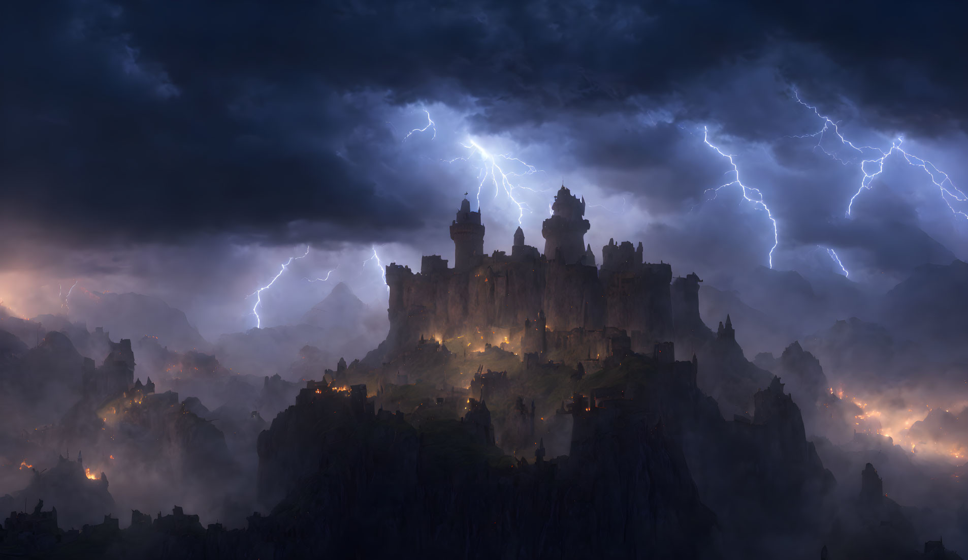 Castle on Cliffs Amid Stormy Sky with Lightning Strikes