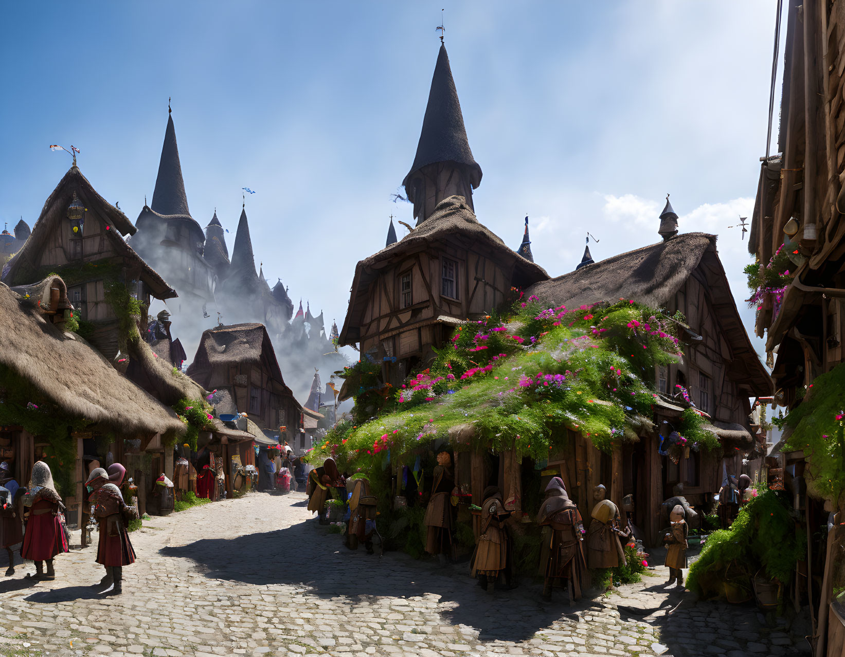 Medieval village with people in the streets