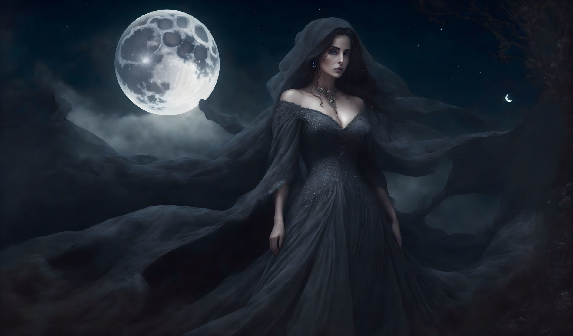 Mysterious woman under the moon