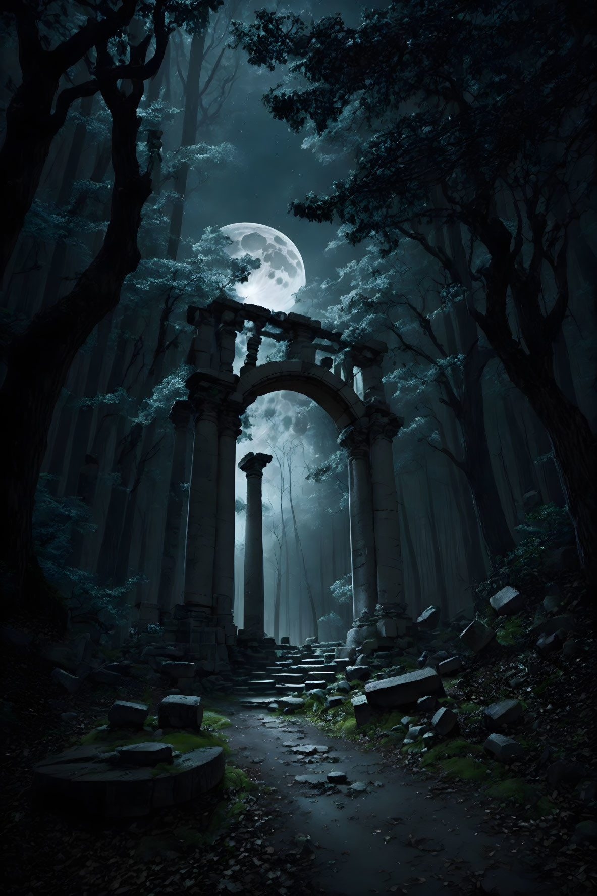 Ruins in the forest under the moonlight
