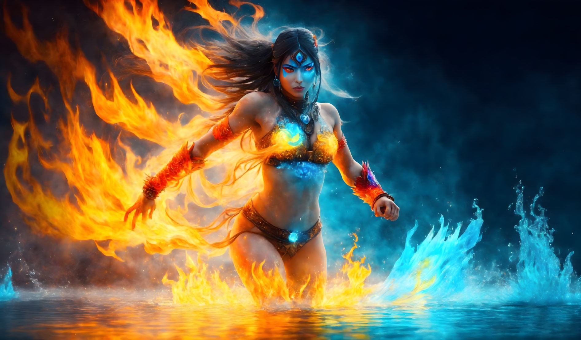 Woman between water, fire and ice