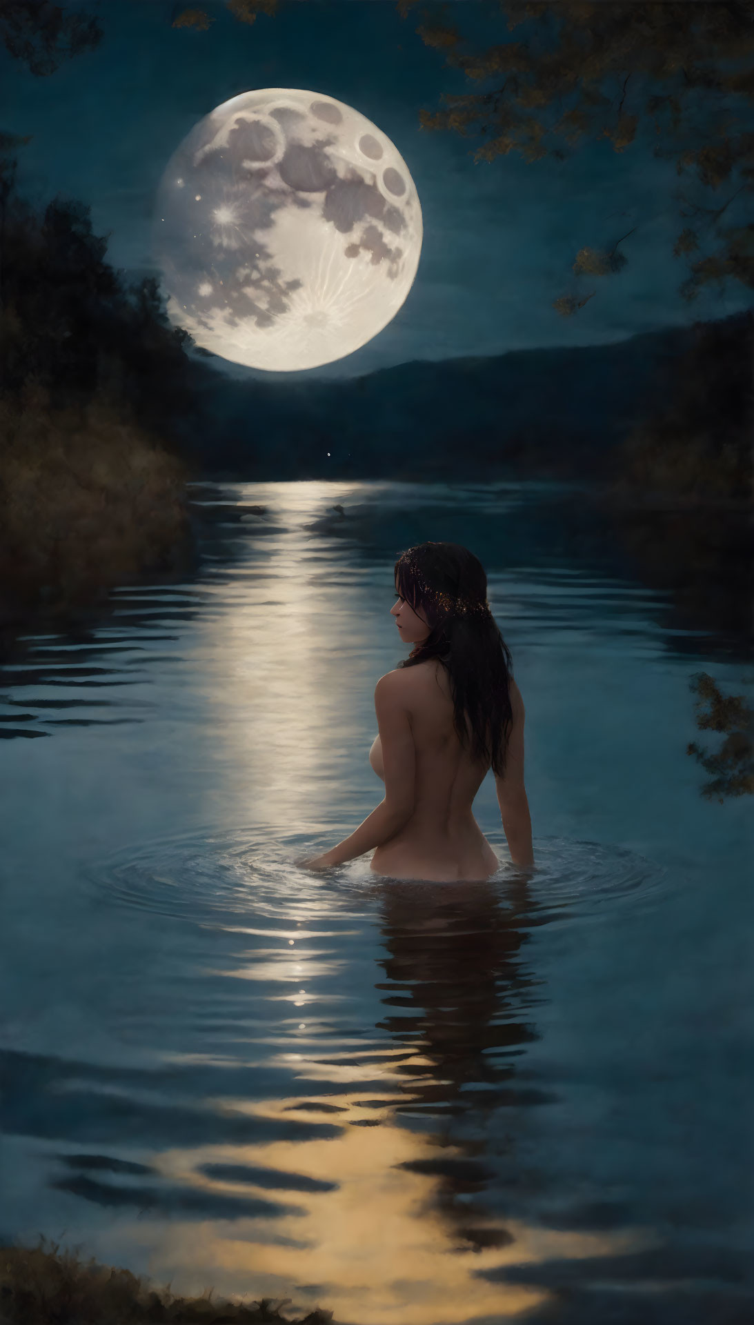 Woman in a lake in the moonlight