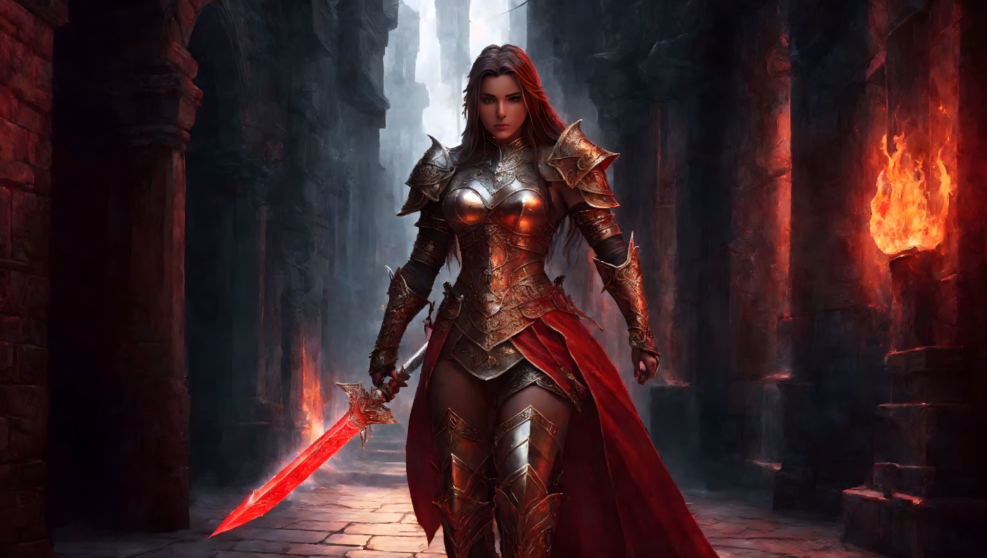Female warrior in dark city