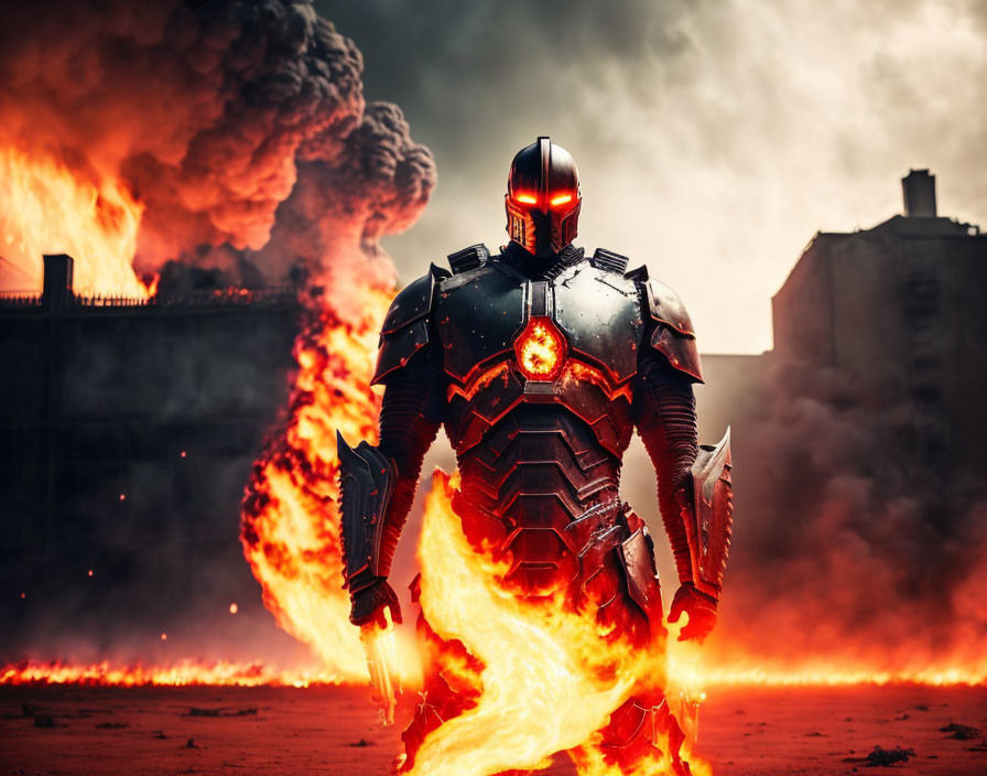 Armored figure with glowing red eyes in front of burning cityscape