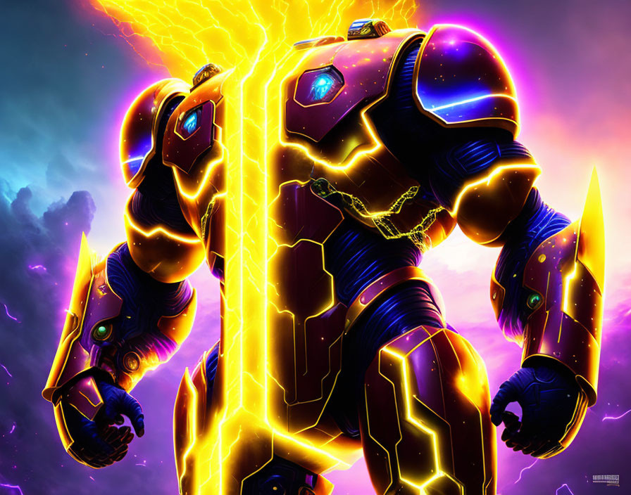 Colorful robotic figure with purple armor and yellow energy lines in cosmic setting