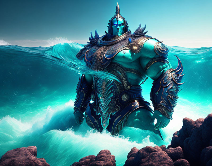 Blue-skinned character in ornate armor amid ocean waves and rocky shores