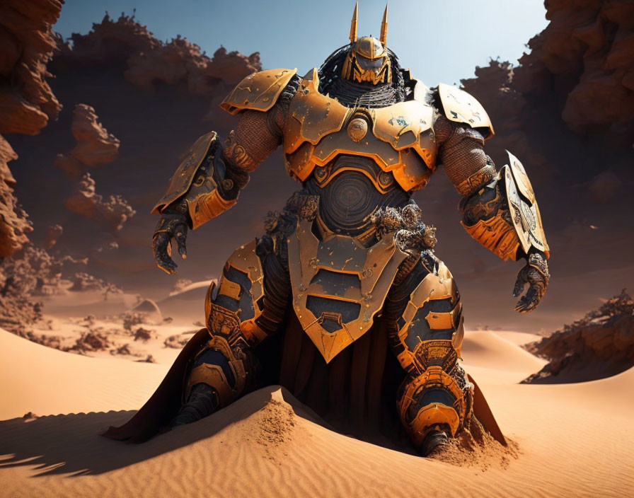 Golden-plated armored figure in desert landscape