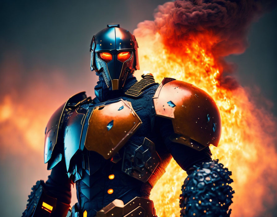 Futuristic armored warrior with red visor helmet in fiery backdrop