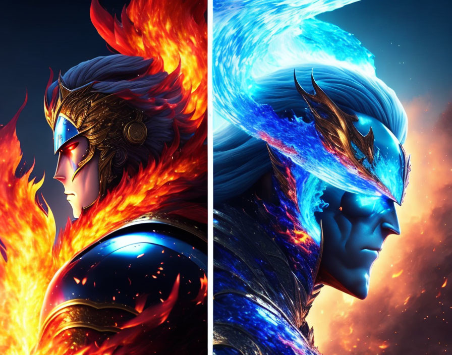 Stylized animated characters: fire and ice elements against dark background