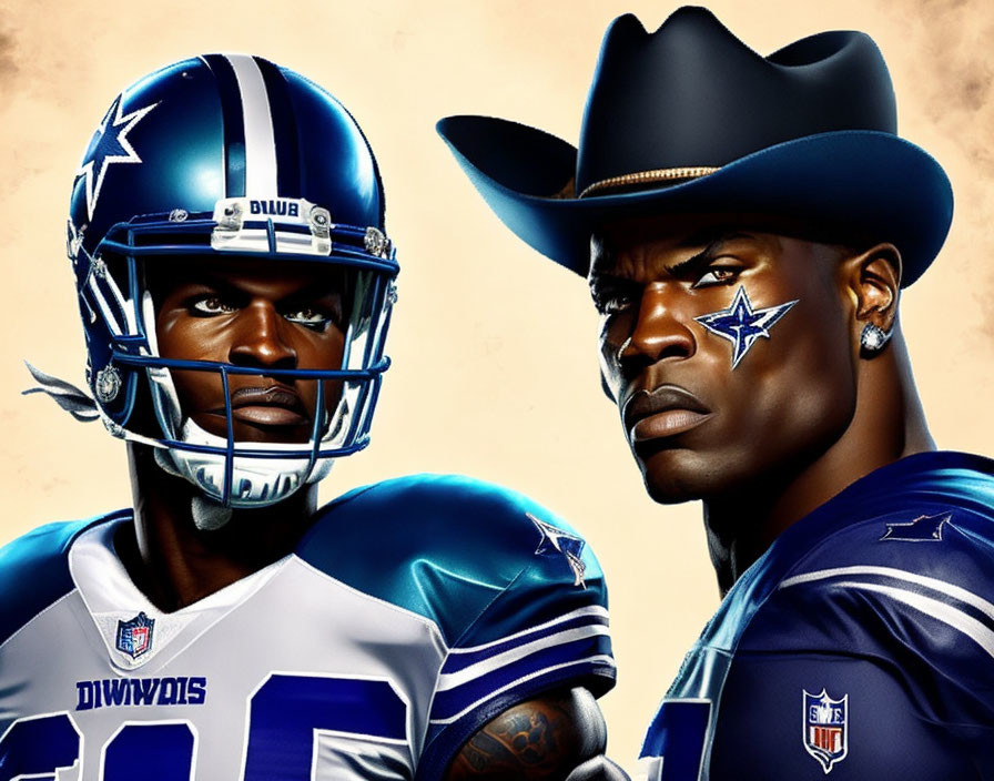 Two men in Dallas Cowboys football uniforms, one with a helmet and the other with a cowboy hat,