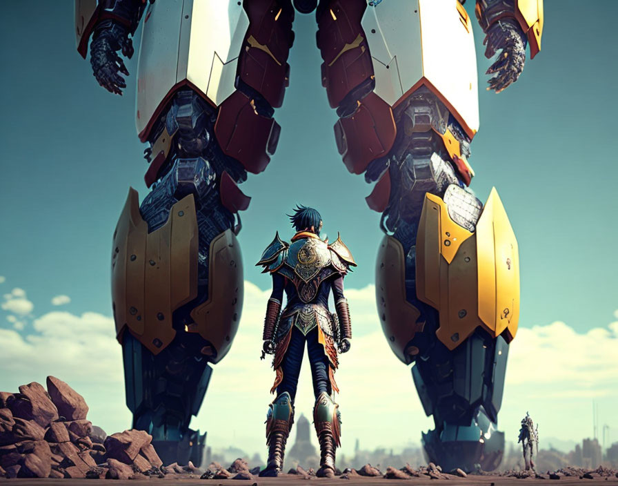 Futuristic armored person faces giant robot in barren landscape