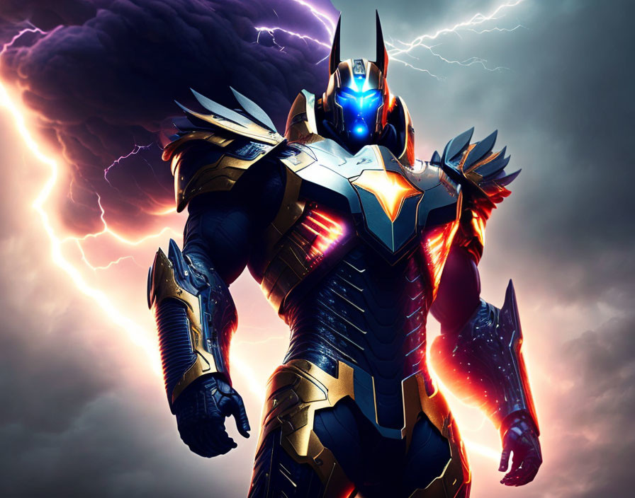 Futuristic armored warrior in stormy sky with lightning