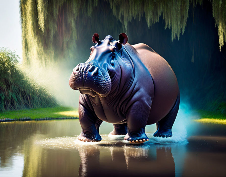 Hippopotamus in Shallow Water with Greenery and Soft Lighting