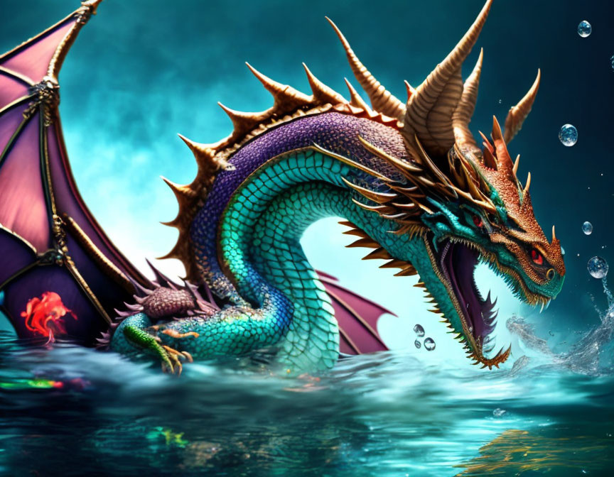 Colorful Dragon Artwork with Scales and Wings Submerged in Water