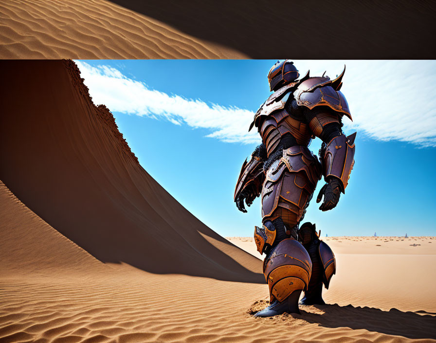 Armored futuristic figure in vast desert with sand dunes under clear sky