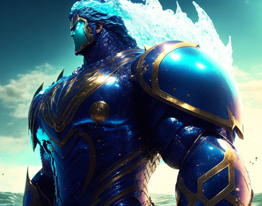 Blue-armored fictional character with water background - superhero or warrior in fantasy setting