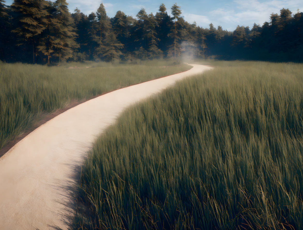 Scenic dirt path through tall grass and forest trees