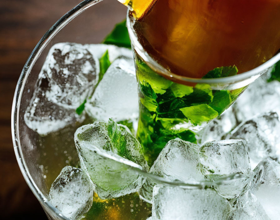 Refreshing Beverage Poured over Ice Cubes and Mint Leaves