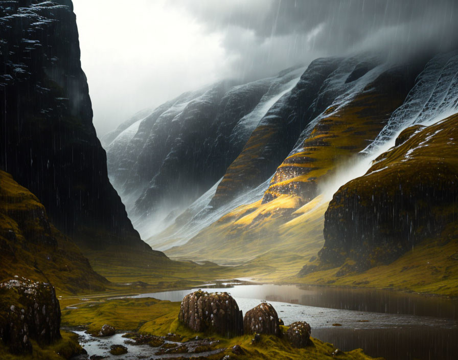Sunlit mountains, waterfalls, cliffs, and misty valley in dramatic landscape