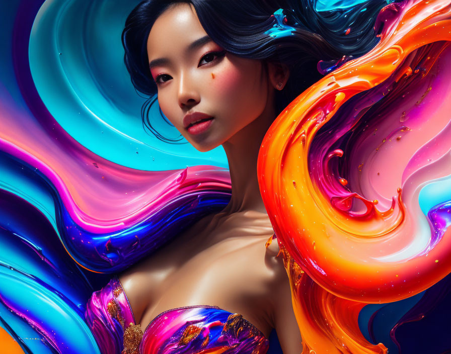 Serene woman surrounded by vibrant swirling colors
