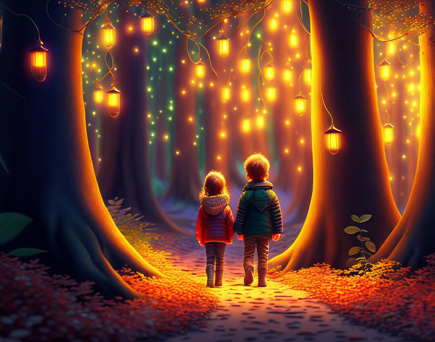 Children walking through an illuminated autumn forest scene