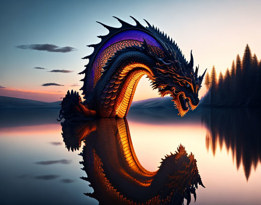 Majestic dragon with blue and orange scales by reflective lake at sunset