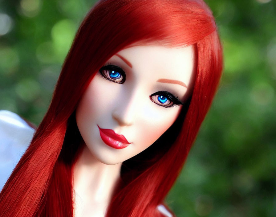 Detailed close-up of red-haired doll with striking blue eyes and prominent makeup on soft-focus green background
