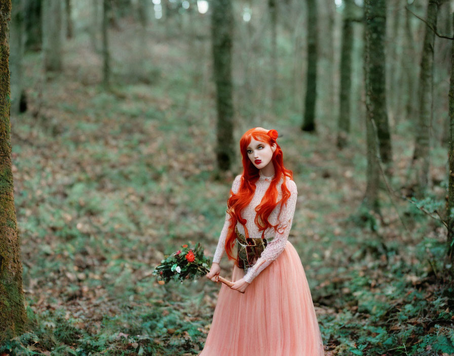 Red-haired woman with bouquet in peach dress in serene forest