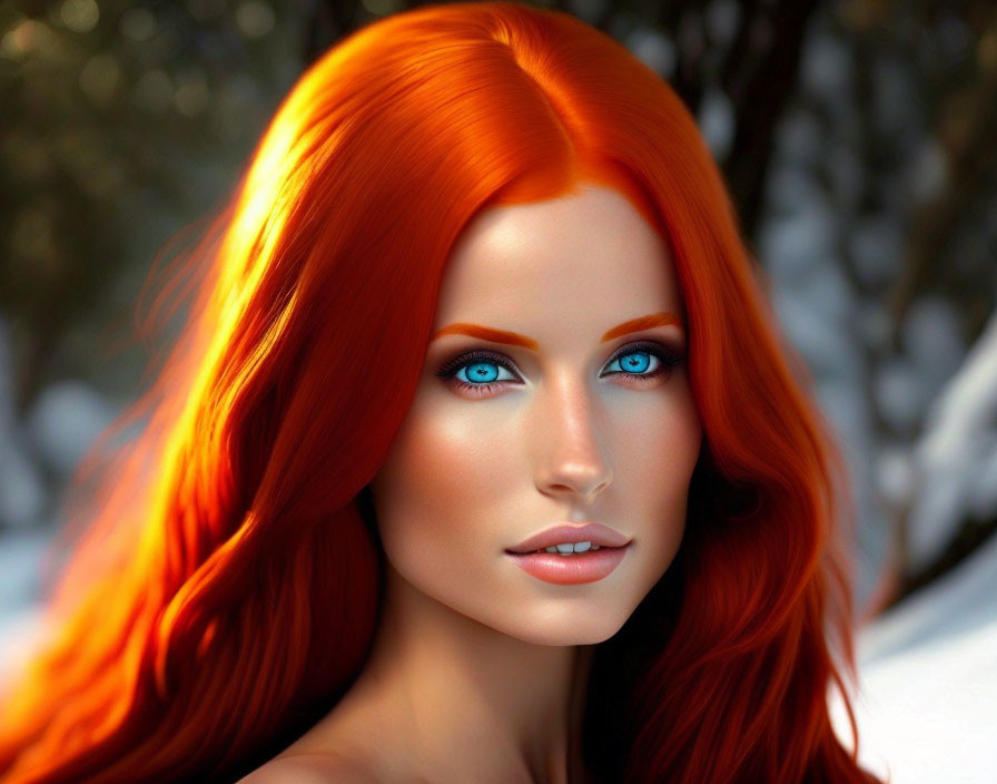 Digital artwork: Woman with red hair and blue eyes in snowy scene
