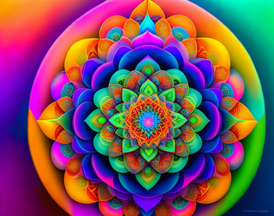 Colorful fractal image with layered flower-like pattern on rainbow gradient background