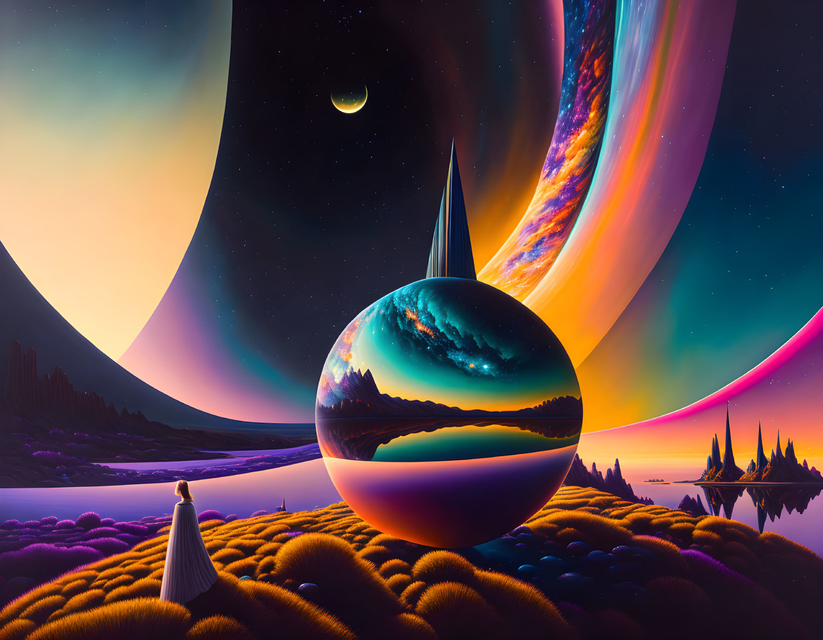 Person observing large reflective orb on vibrant alien landscape