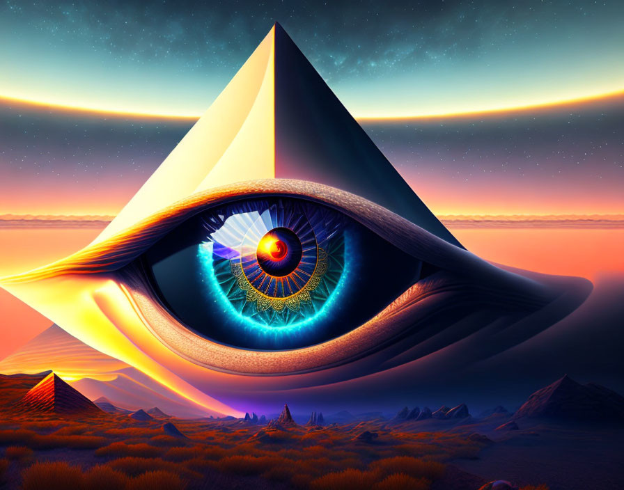 Surreal digital artwork: Pyramid with eye in twilight desert