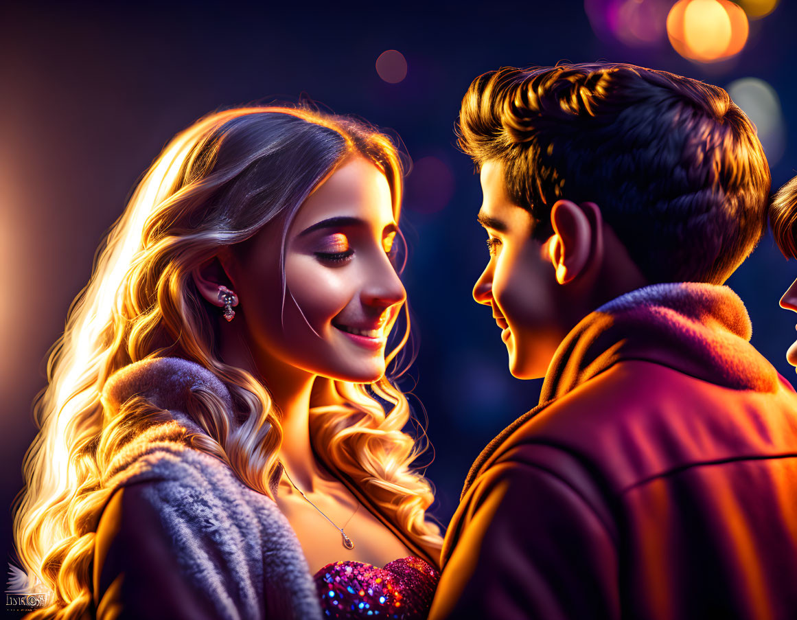 Romantic couple digital artwork with smiling woman and man under warm lighting
