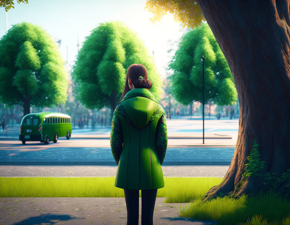 Person in Vibrant Green Jacket on Sidewalk with Green Bus and Trees