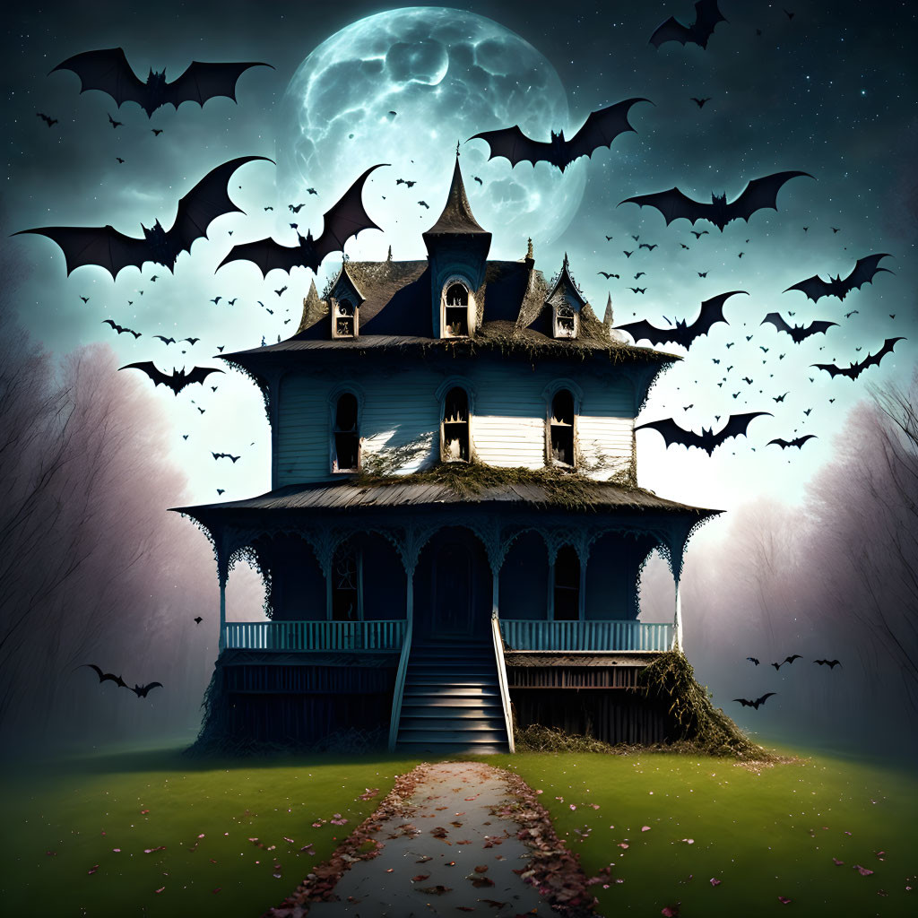 Victorian mansion with full moon, bats, and dark forest