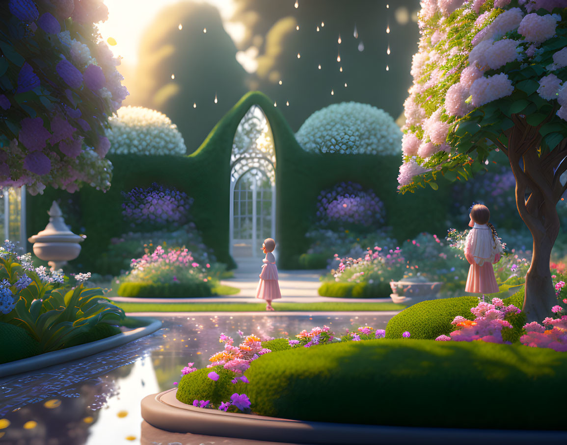 Children in whimsical garden with topiary arches and vibrant flowers at sunset.