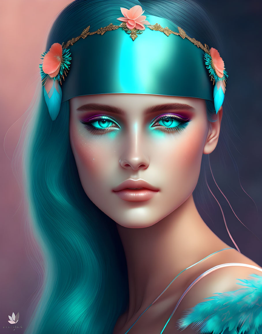 Woman with Turquoise Hair and Blue Eyes Wearing Floral Headband and Feathers
