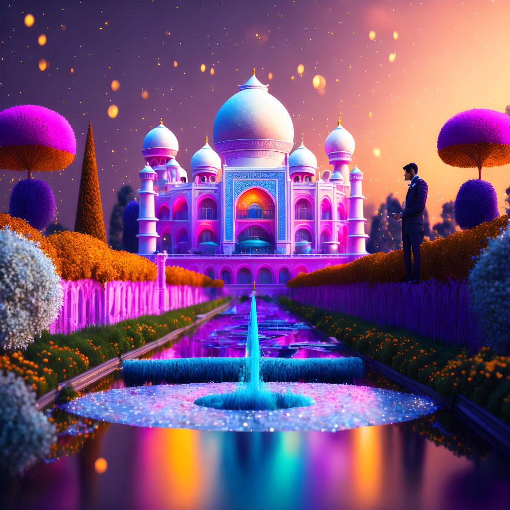 Vividly Colored Fantasy Landscape with Man and Luminous Palace
