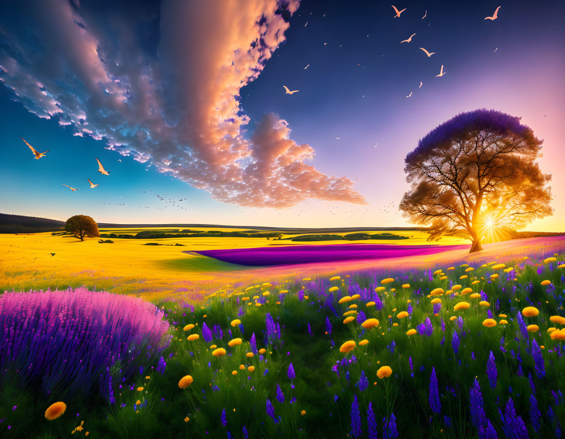 Scenic sunset with streaming light rays over solitary tree in blossoming field