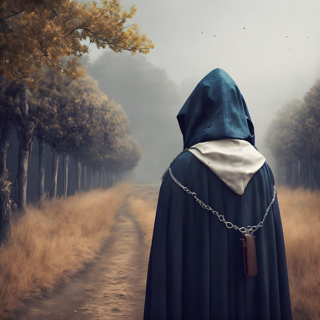 Cloaked figure with chain pendant in misty forest path