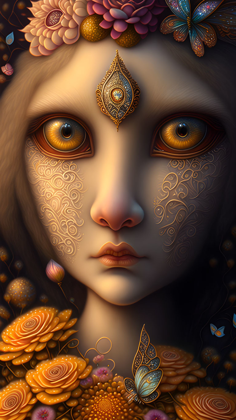 Surreal digital portrait of female figure with intricate eyes and golden floral patterns