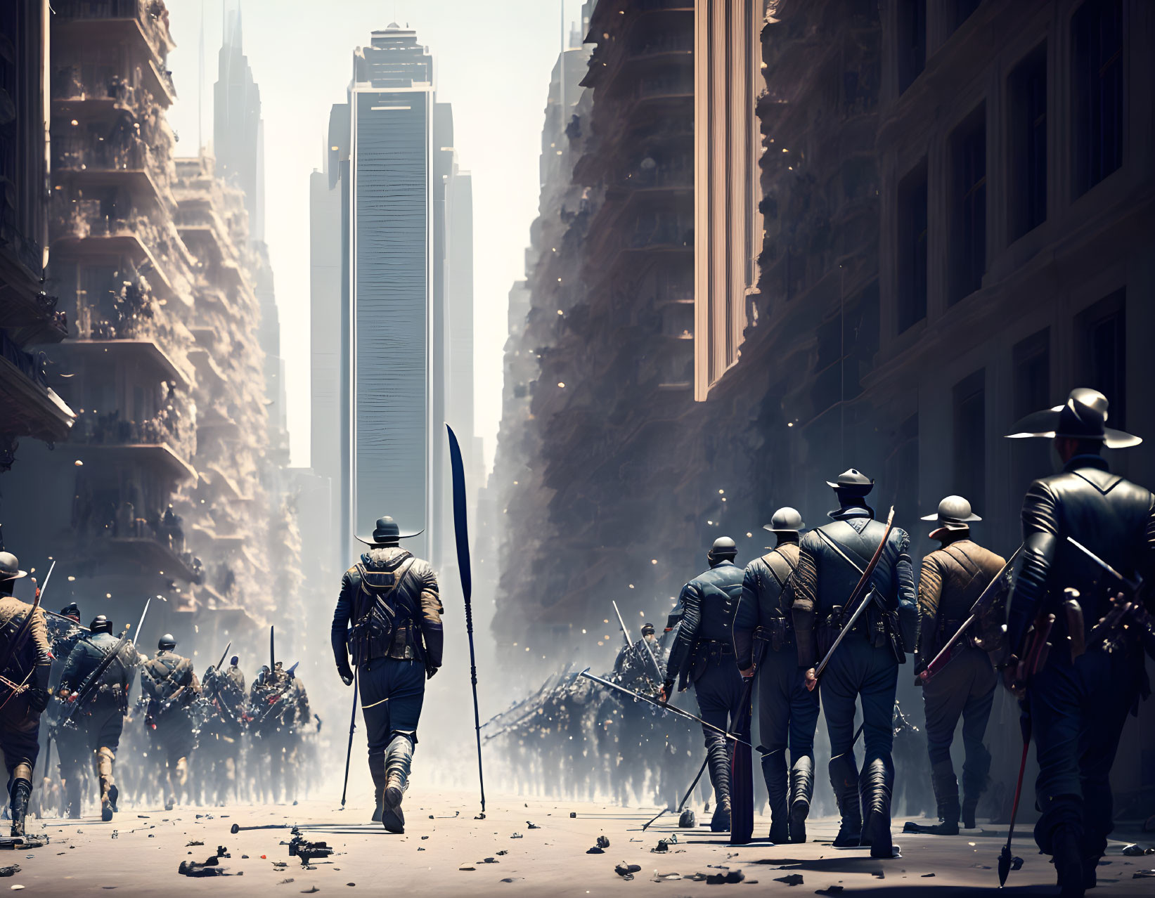 Dystopian scene: Riot police on sunlit, debris-strewn street